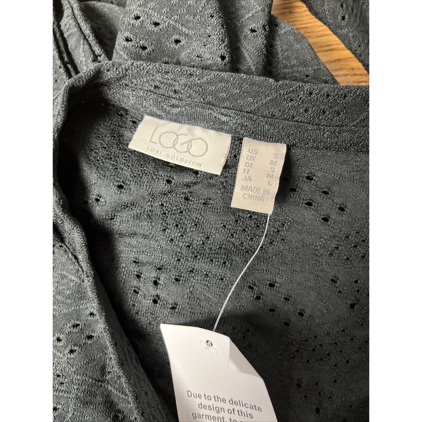 LOGO by Lori Goldstein Stretch Eyelet Button Front Cardigan Black, Small