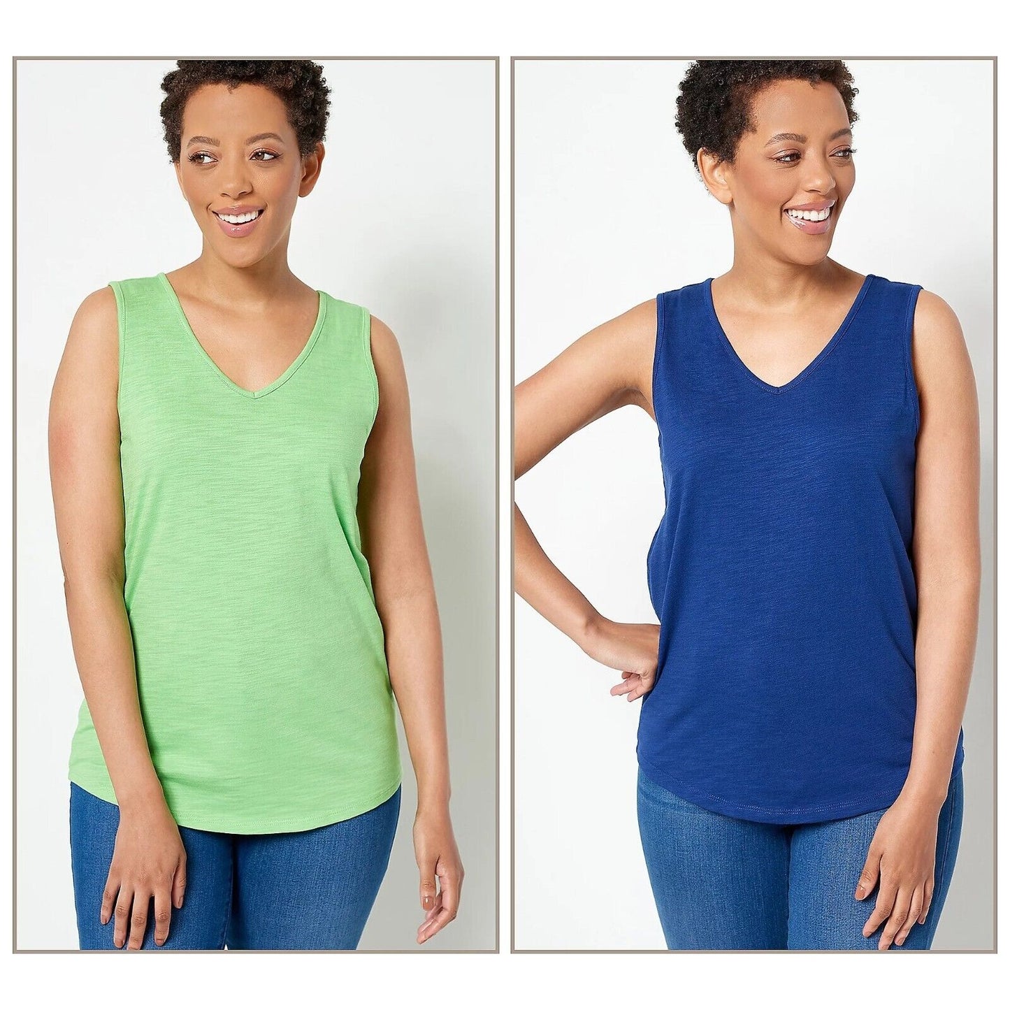 Belle by Kim Gravel Slub Knit Set of 2 V-Neck Tanks Navy/Green XL A50126