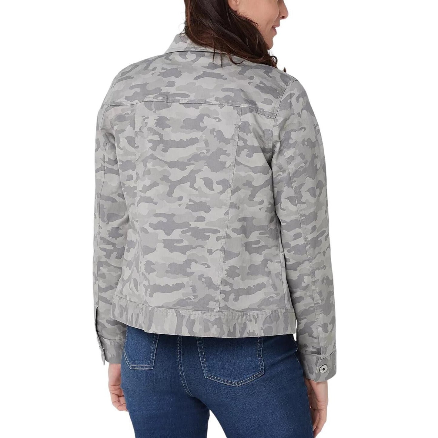 Belle by Kim Gravel TripleLuxe Twill Printed Jean Jacket Grey Camo Size Medium
