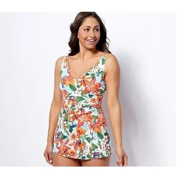 Denim & Co. Beach V-Neck Wrap Front Swim Dress (Bright Tropical, Reg 12) A468465