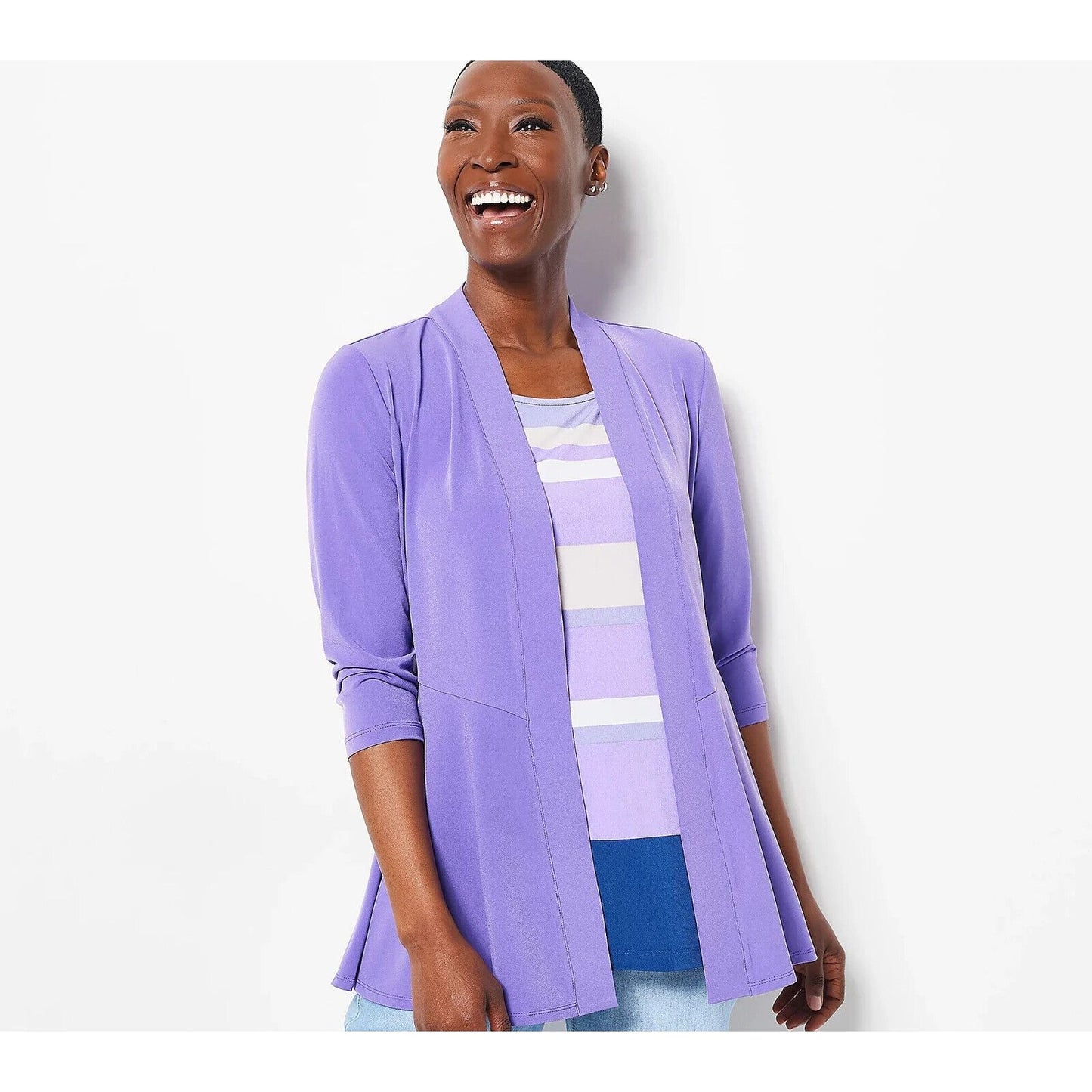 Susan Graver Liquid Knit Cardigan and Printed Tank Set Lavender/Ocean, XS