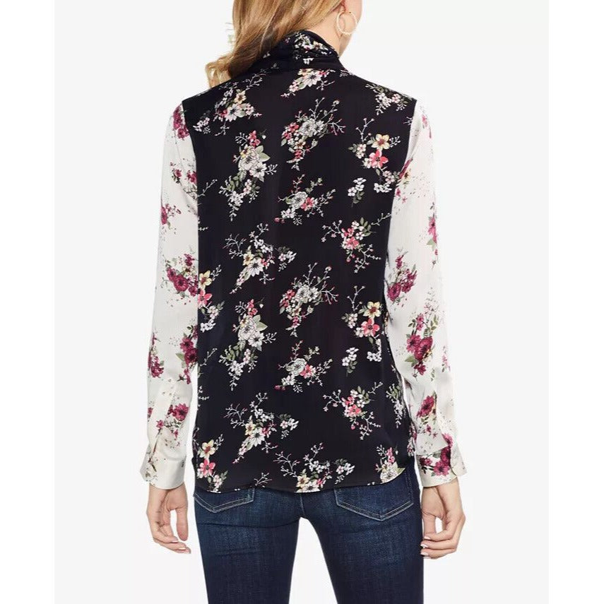 Vince Camuto Long Sleeve Melody Floral Tie Neck Blouse Black Size Small