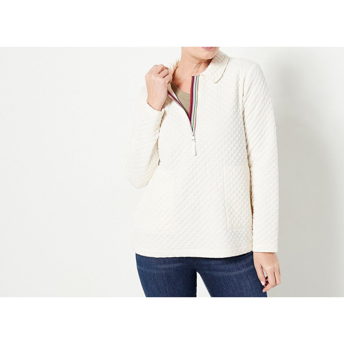 Isaac Mizrahi Live! Quilted Half-Zip Pullover Ivory, MEDIUM
