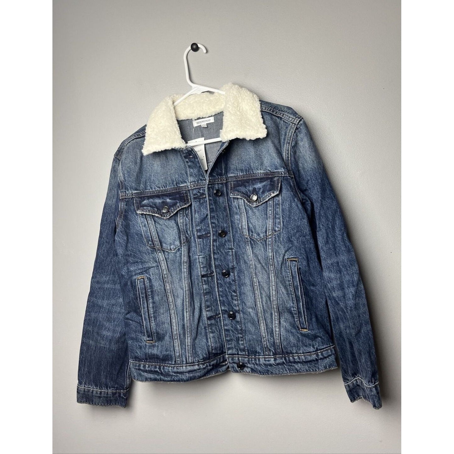 Good American Jacket Size 0/0 Small Denim Sherpa Collar Boyfriend Jacket Womens
