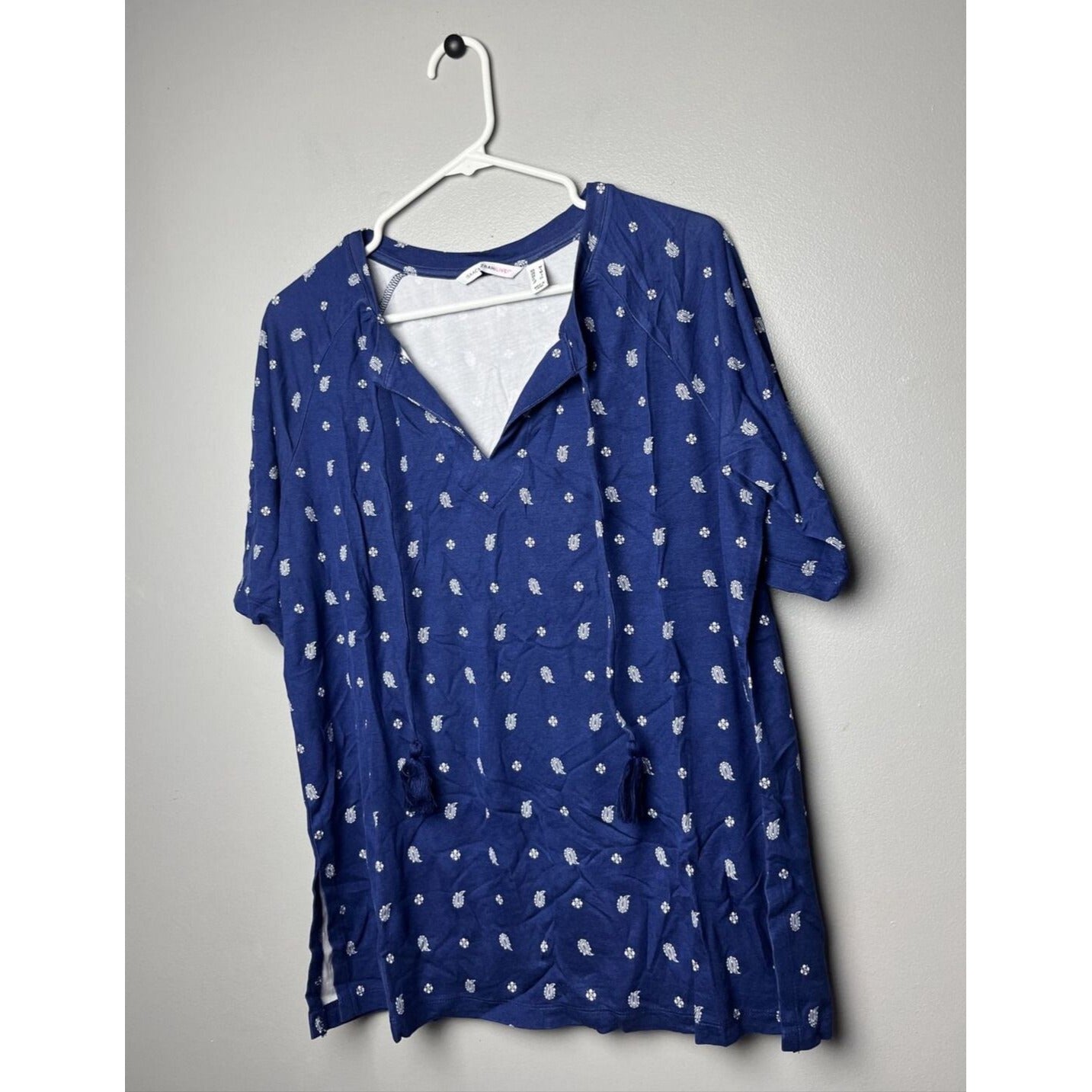 Isaac Mizrahi Printed Ponte Top Tassels &Elbow Sleeves-Royal Navy-Medium-A491883