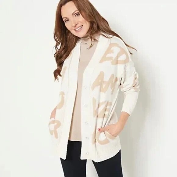 Peace Love World Oversized Cardigan Large Sz Colorful Jacquard Print Snap Top