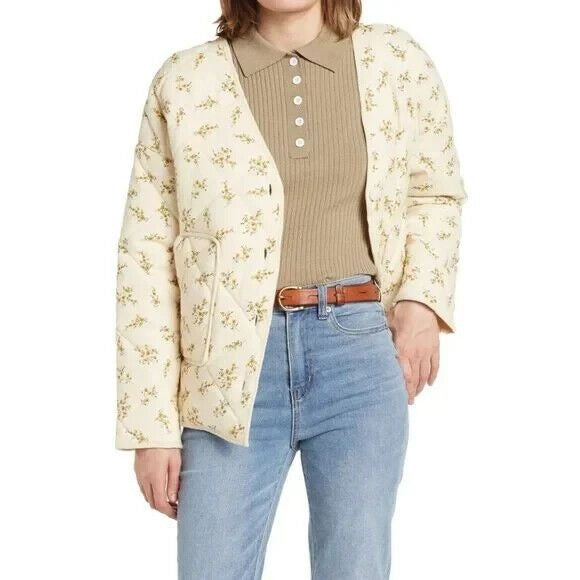 Elodie Jacket Womens Ecru Floral Quilted V Neck Patch Pockets Size XL