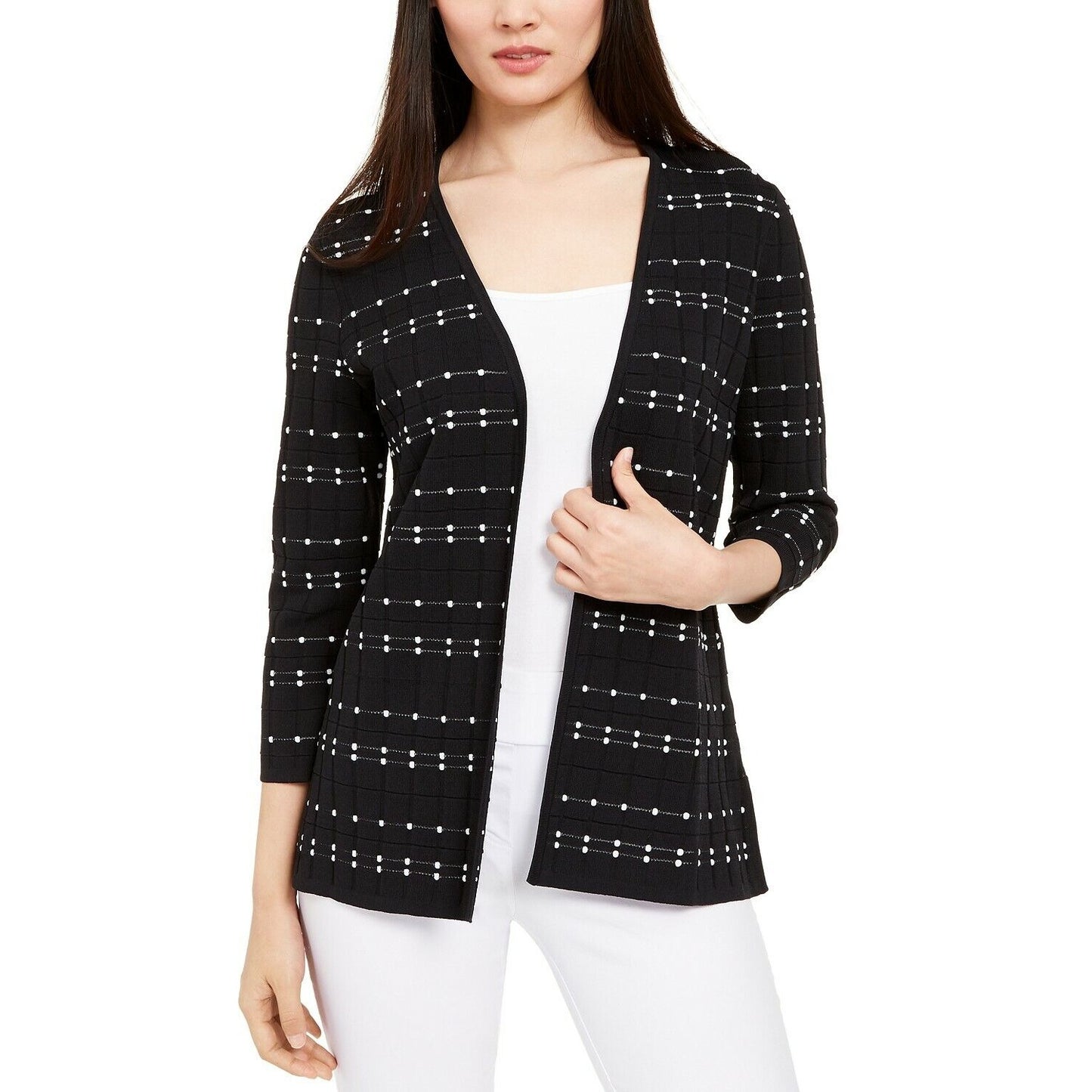 Alfani Black/White Dot Stitch 3/4 Sleeve Cardigan Size M Petite
