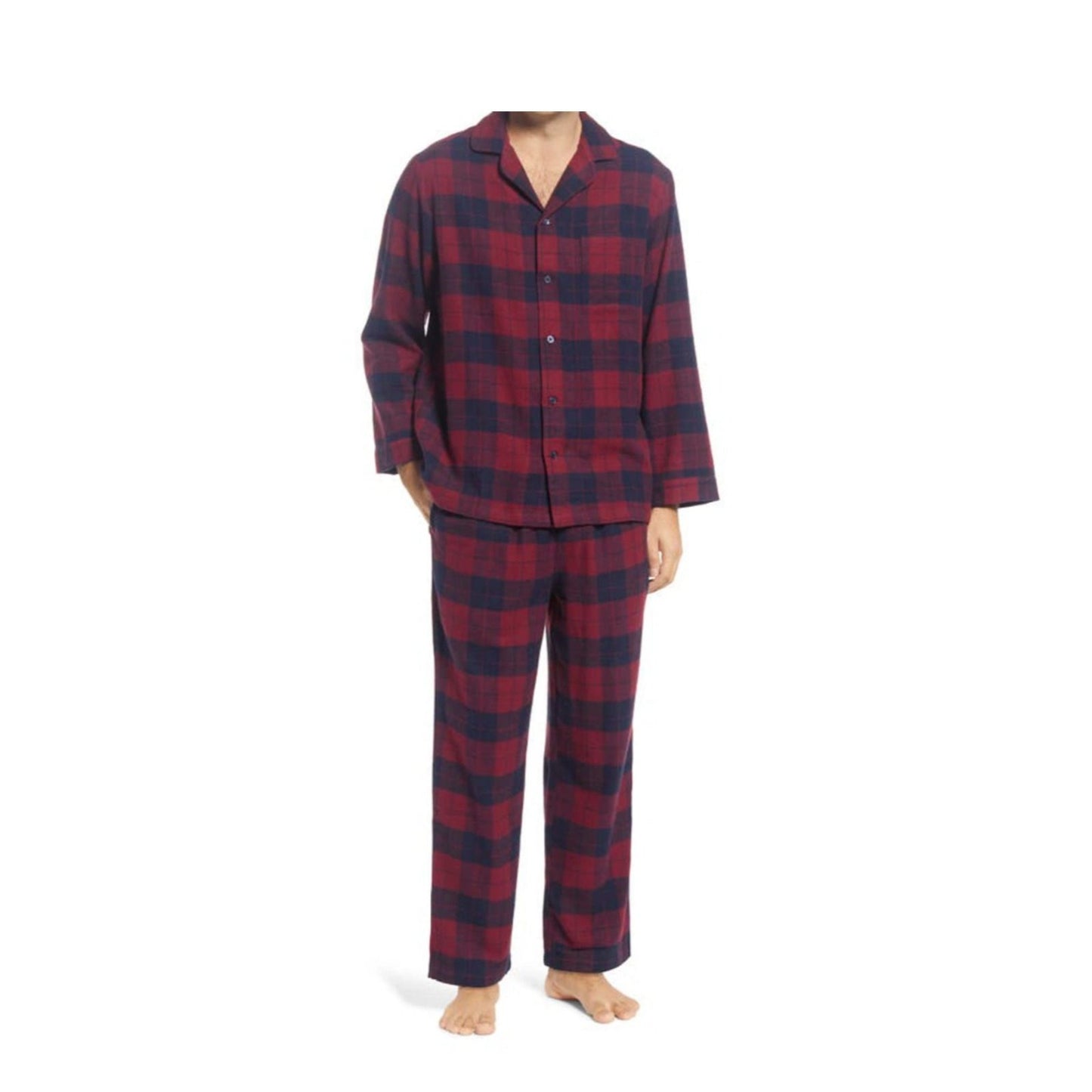 NORDSTROM Men's Flannel Cotton Pajamas Burgundy Block Tartan Size M