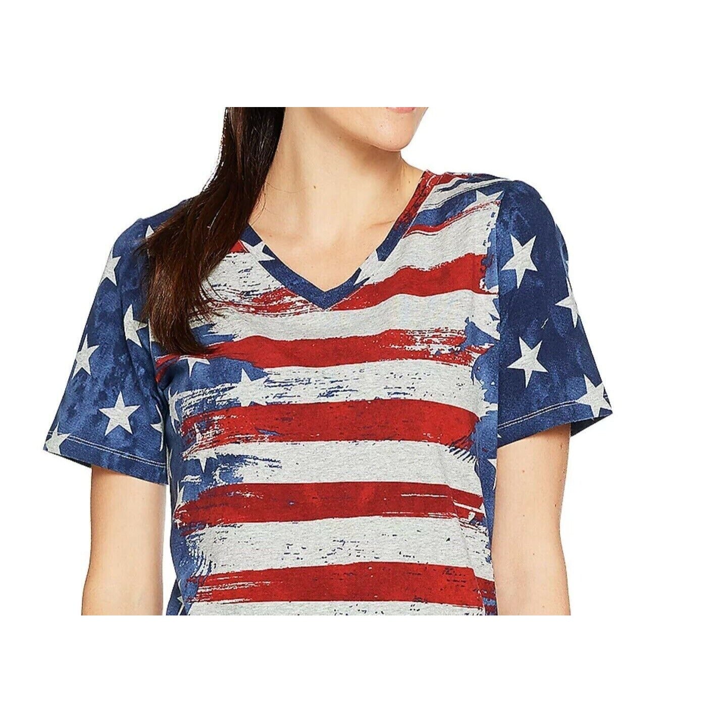 Denim & Co. American Flag Print Short Sleeve V-Neck Top Navy/Red M A291647