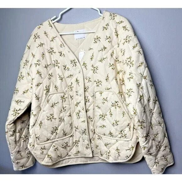 Elodie Jacket Womens Ecru Floral Quilted Vneck Patch Pockets