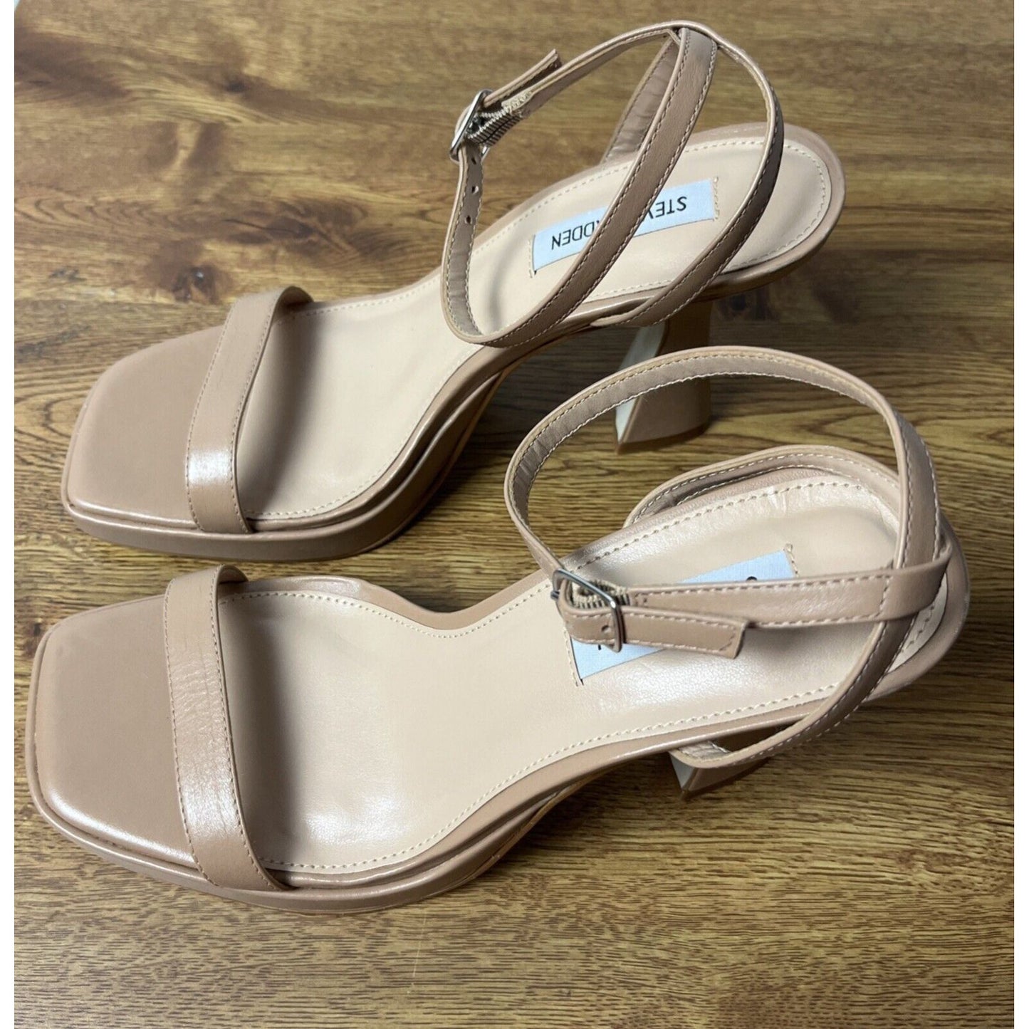 Steve Madden Nicky Tan Leather Ankle Strap Squared Open Toe Heel Sandal Size 8.5