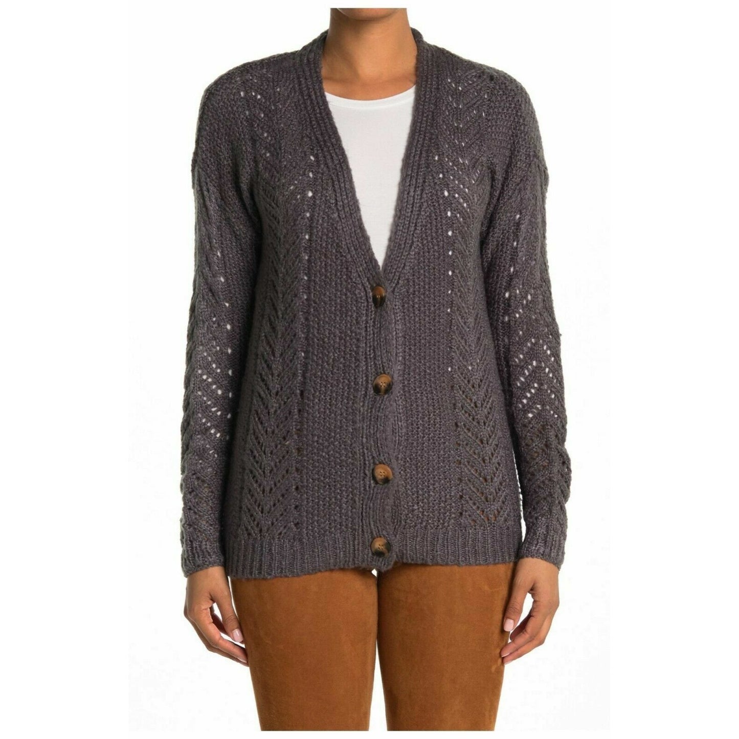 CENY Women's Mix Cable Grandpa Knit Cardigan Sweater In Dark Charcoal Size M