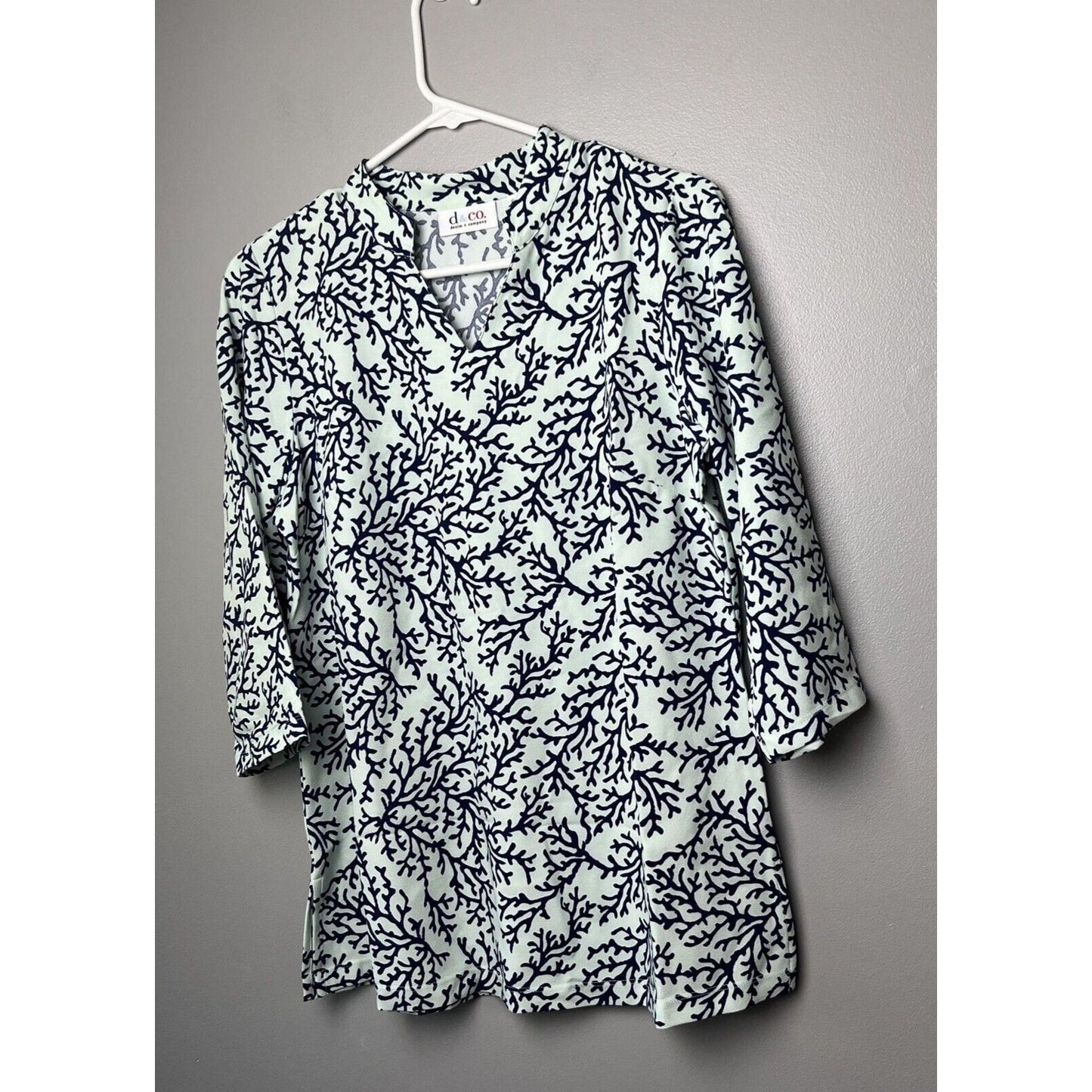 Denim& Co Printed V-Neck 3/4-Sleeve Tunic Light Mint Green XS NEW A394455