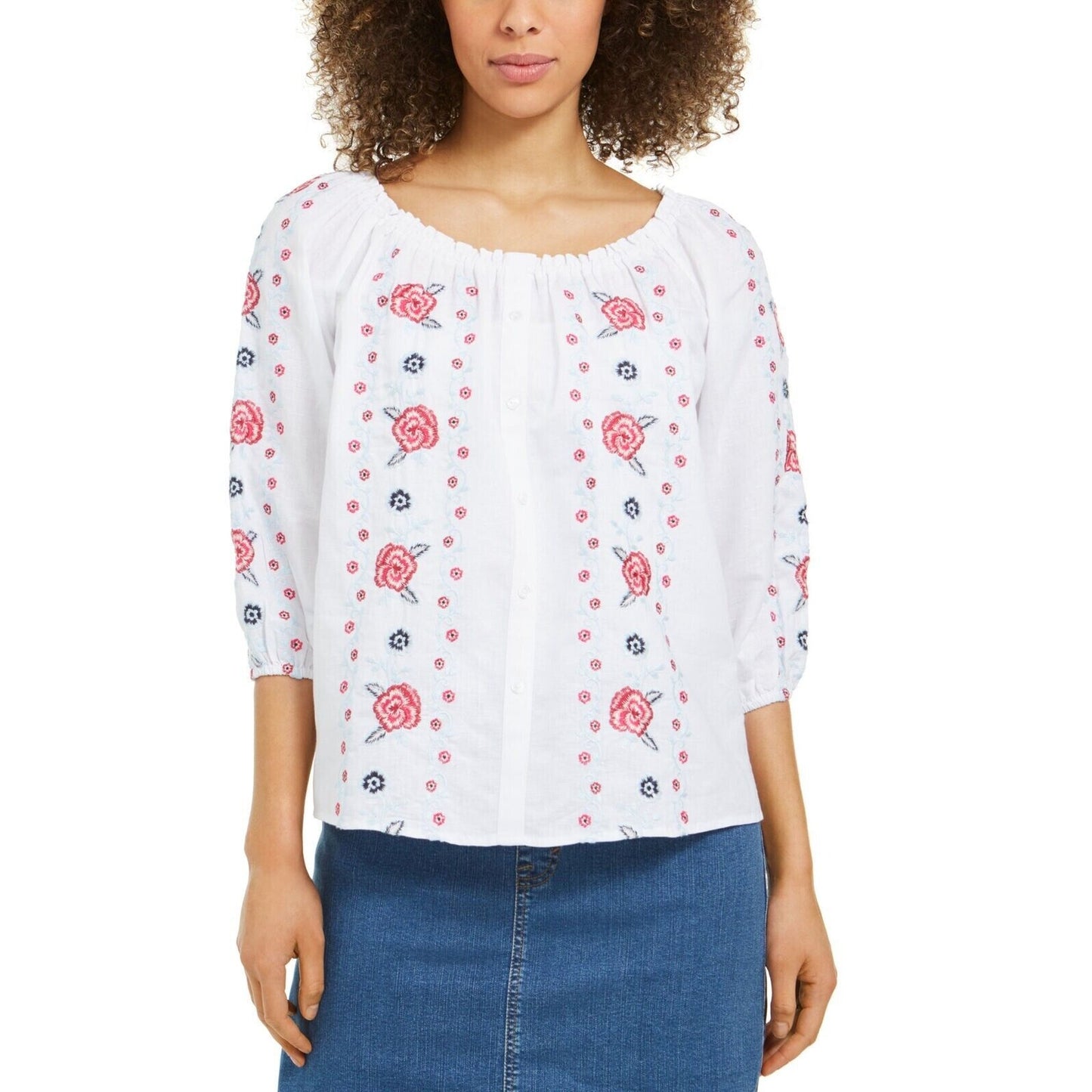 Women's Linen Embroidered Front Blouse Charter Club Luxury Size Small