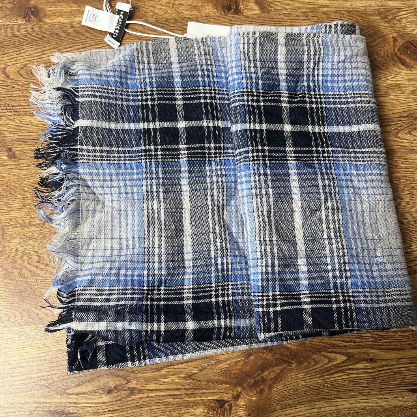 Nordstrom 100% Wool Scarf Plaid Blue Gray Black Soft One Size NEW