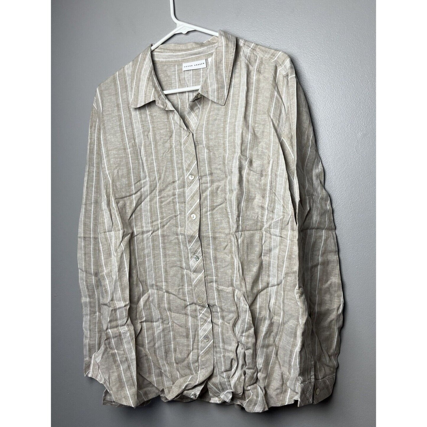Susan Graver Regular Easy Linen Blend Cross- Dyed Tunic Khaki Stripe XL A396835