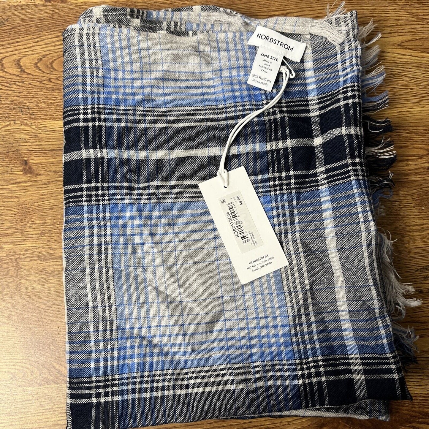 Nordstrom 100% Wool Scarf Plaid Blue Gray Black Soft One Size NEW