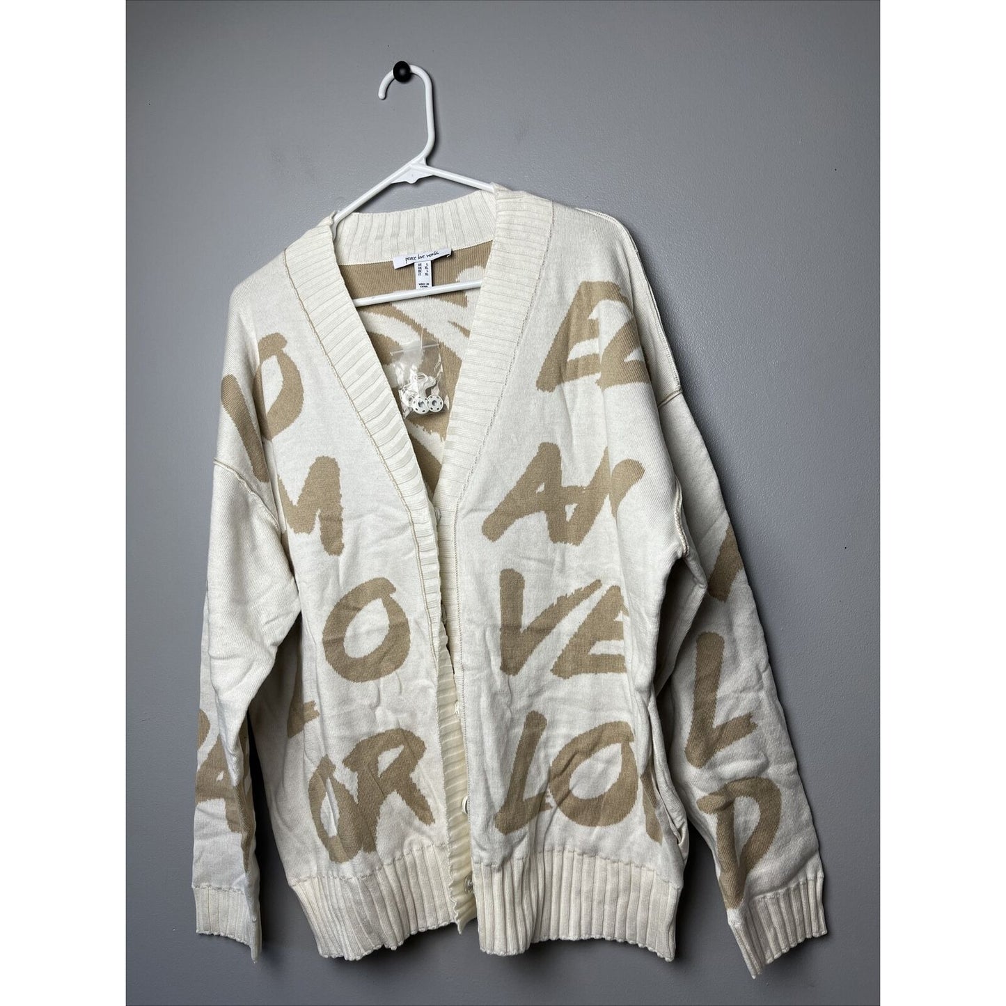 Peace Love World Oversized Cardigan Large Sz Colorful Jacquard Print Snap Top