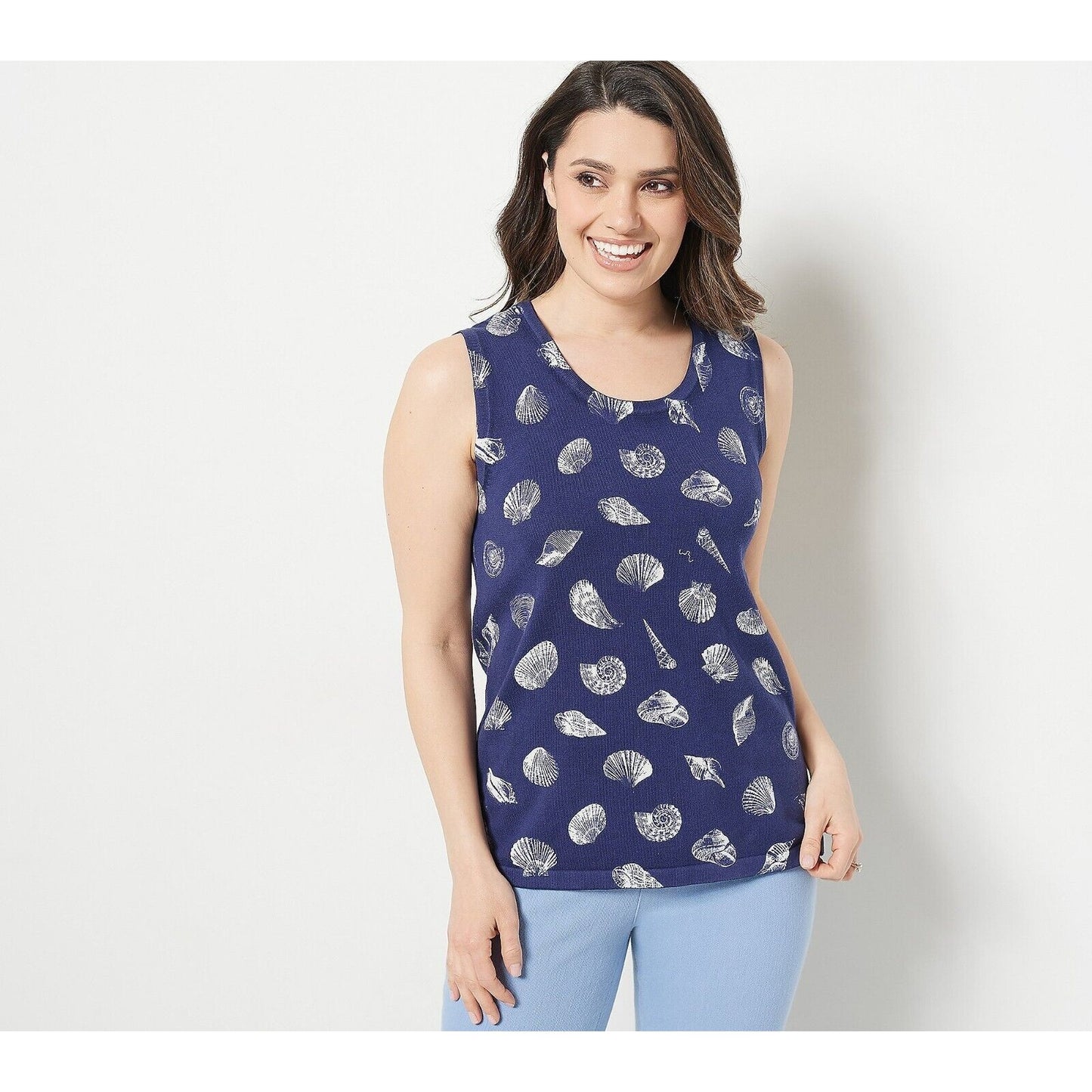 Isaac Mizrahi Live Bridgehampton Printed Shell Sweater Tank Large Sz Navy Top