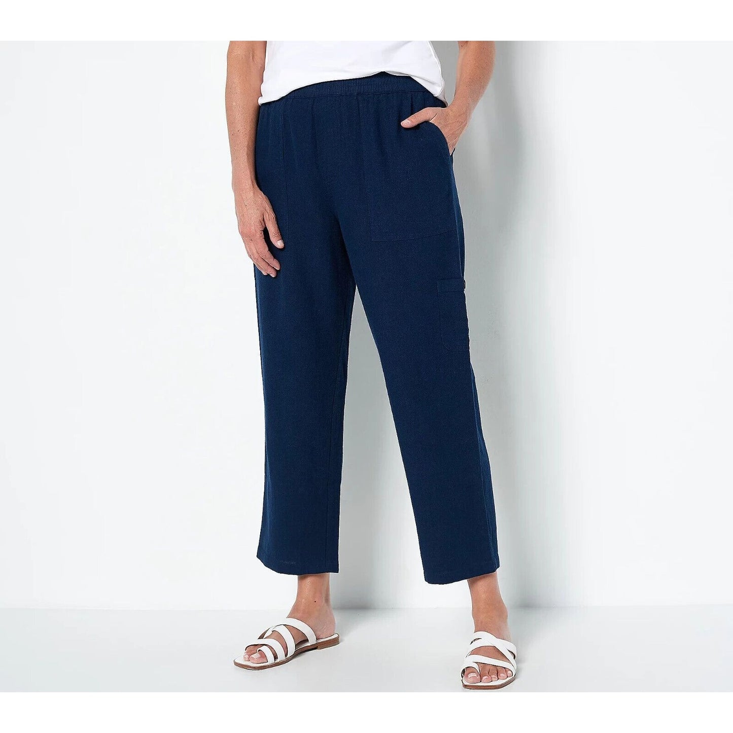 Susan Graver Regular Pure Easy Linen Utility Crop Pant (Navy, Large) A498821