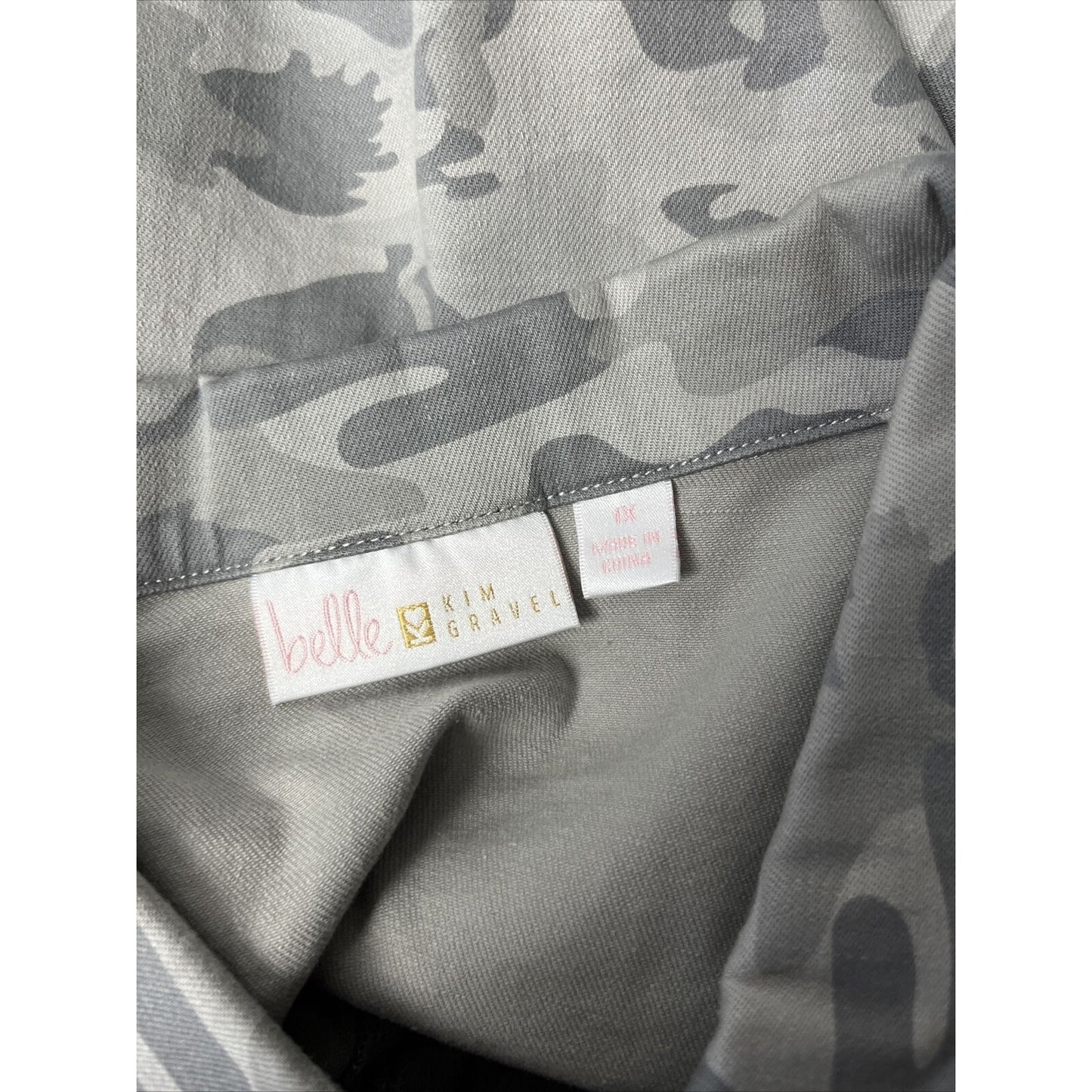 Belle by Kim Gravel TripleLuxe Twill Printed Jean Jacket Grey Camo Size 1X