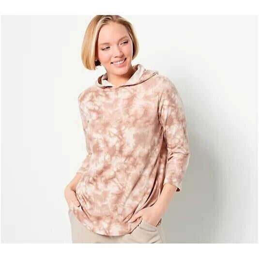 AnyBody Printed Brushed Towel Terry Hoodie Almond TieDye, Large