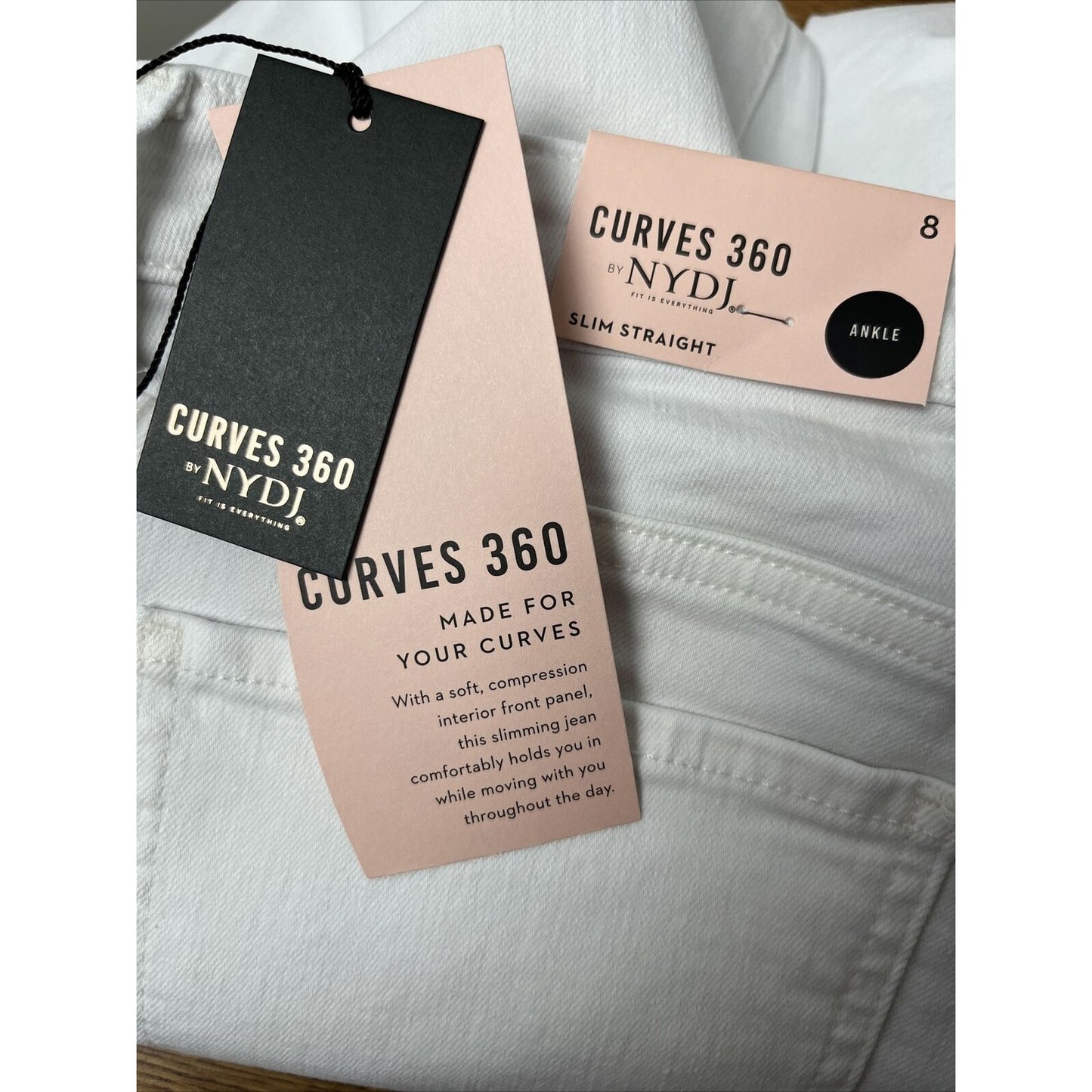 Curves 360 by NYDJ Slim Straight Ankle Jeans w/Side Slits NWT White Size 8
