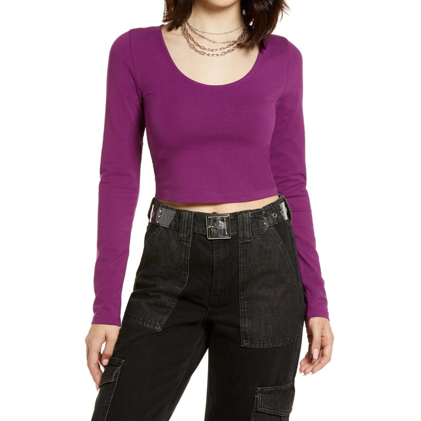 BP. Crop Long Sleeve Scoop Neck T-Shirt in Purple Phlox, Size Medium
