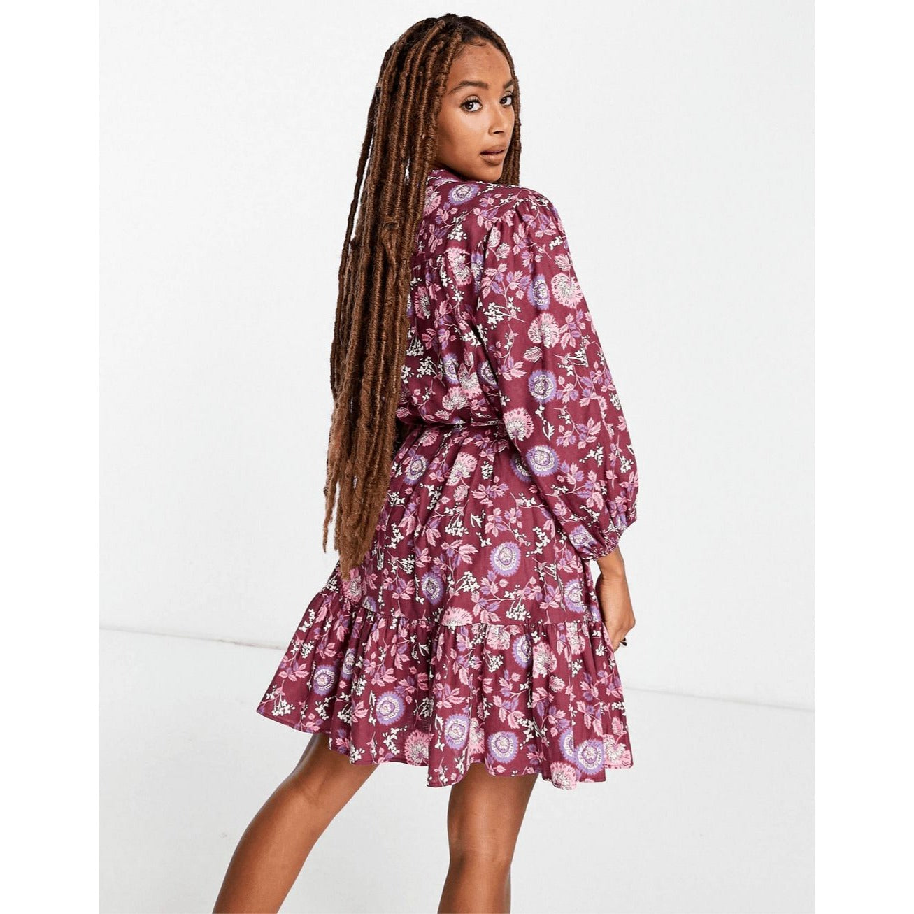 Topshop Long Sleeve Woven Floral Mini Dress in Paisley Cotton/linen Size 8 NWT