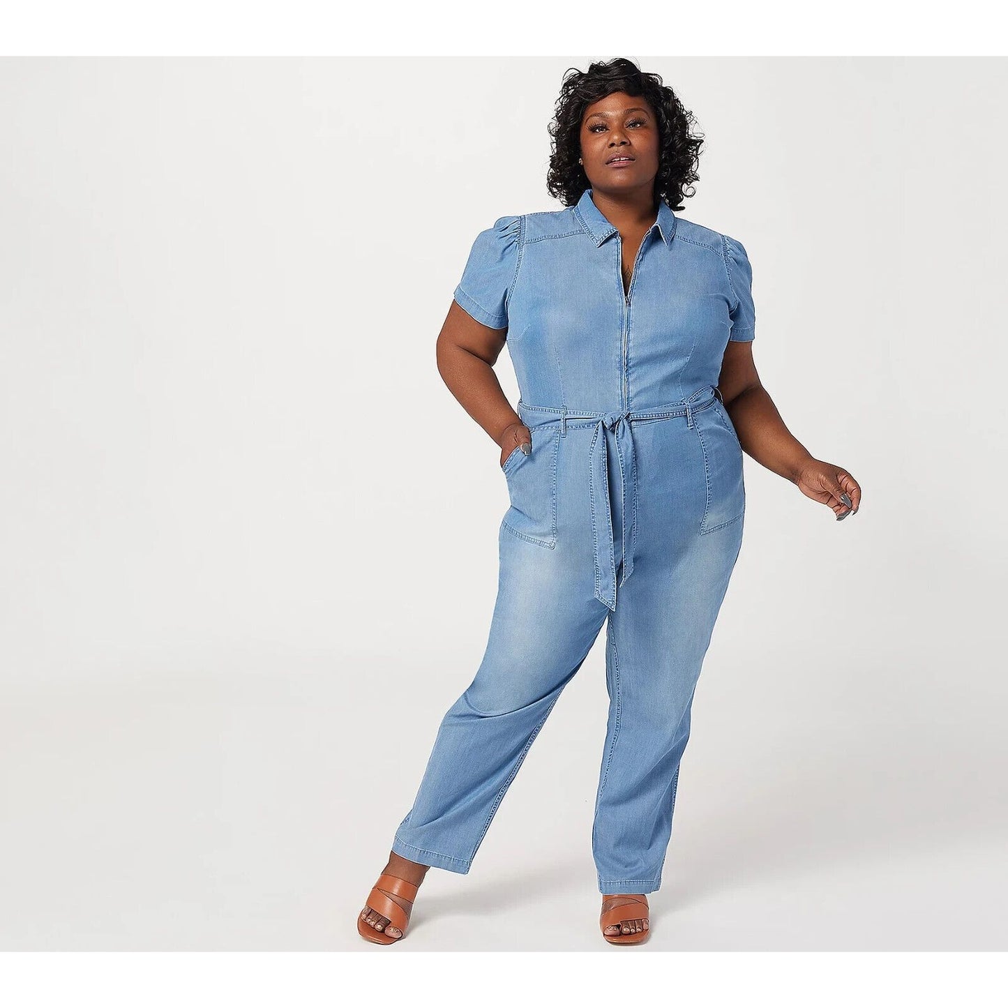 Candace Cameron Bure Short Sleeve Tencel Denim Jumpsuit Medium Malibu A396639