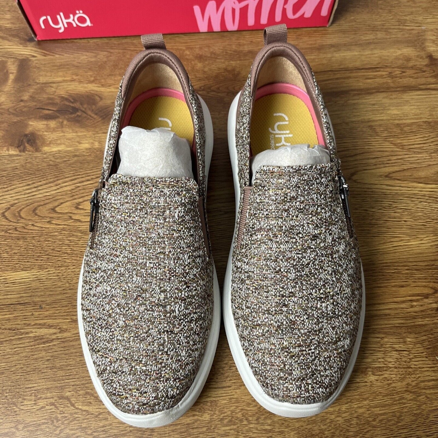 Ryka Women’s Slip-On Shoes with Zip Detail Ally Heathered Beaver Brown 5M NEW