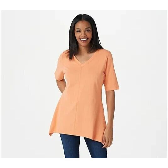 Denim & Co. Perfect Jersey V-neck Trapeze Hem Top-Spring Melon-XL-A254299-NWOT