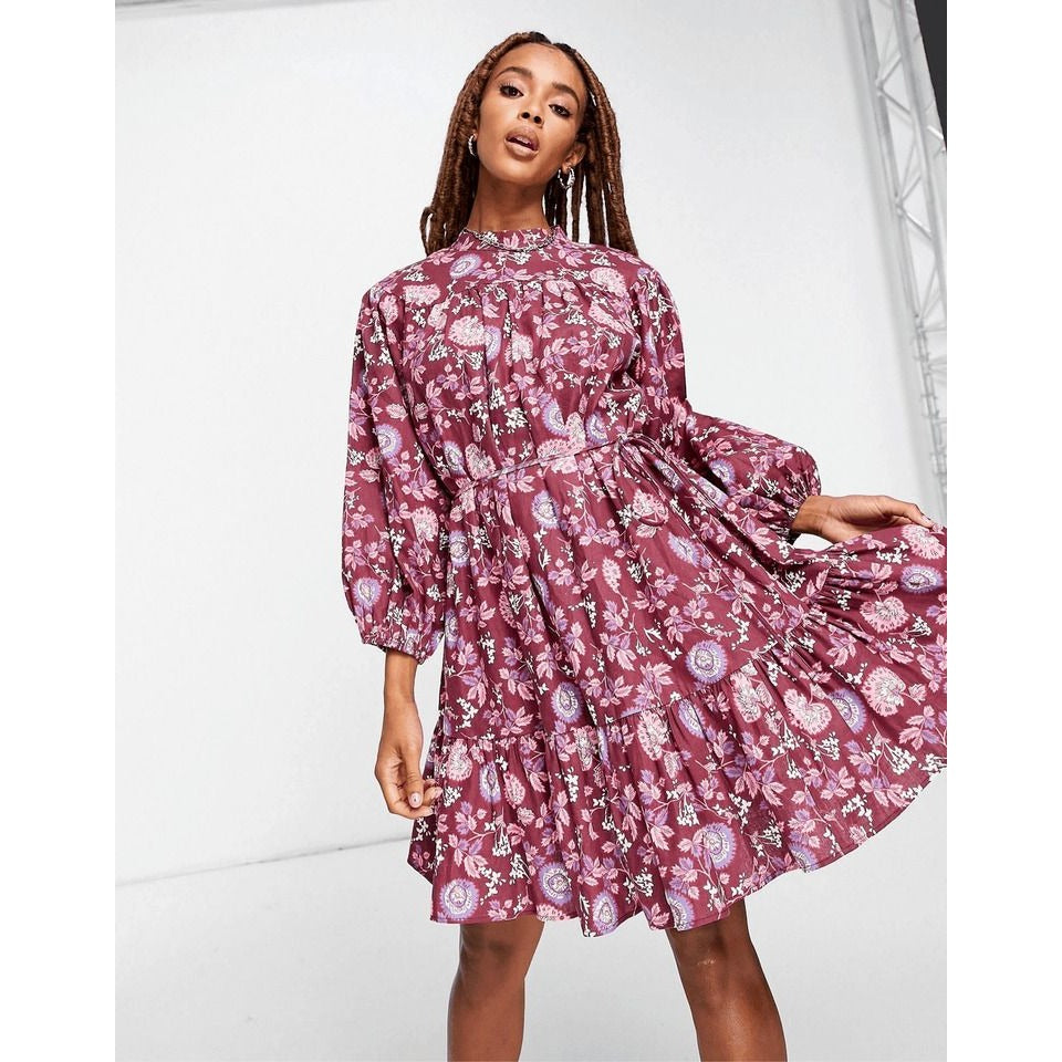 Topshop Long Sleeve Woven Floral Mini Dress in Paisley Cotton/linen Size 8 NWT