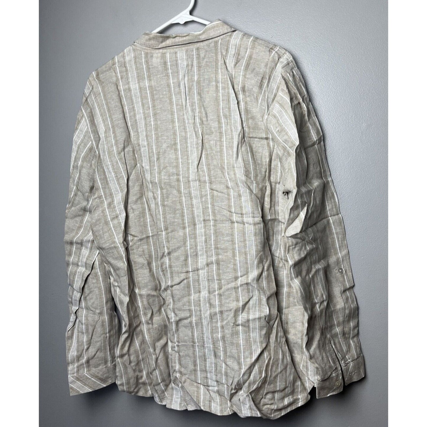 Susan Graver Regular Easy Linen Blend Cross- Dyed Tunic Khaki Stripe XL A396835