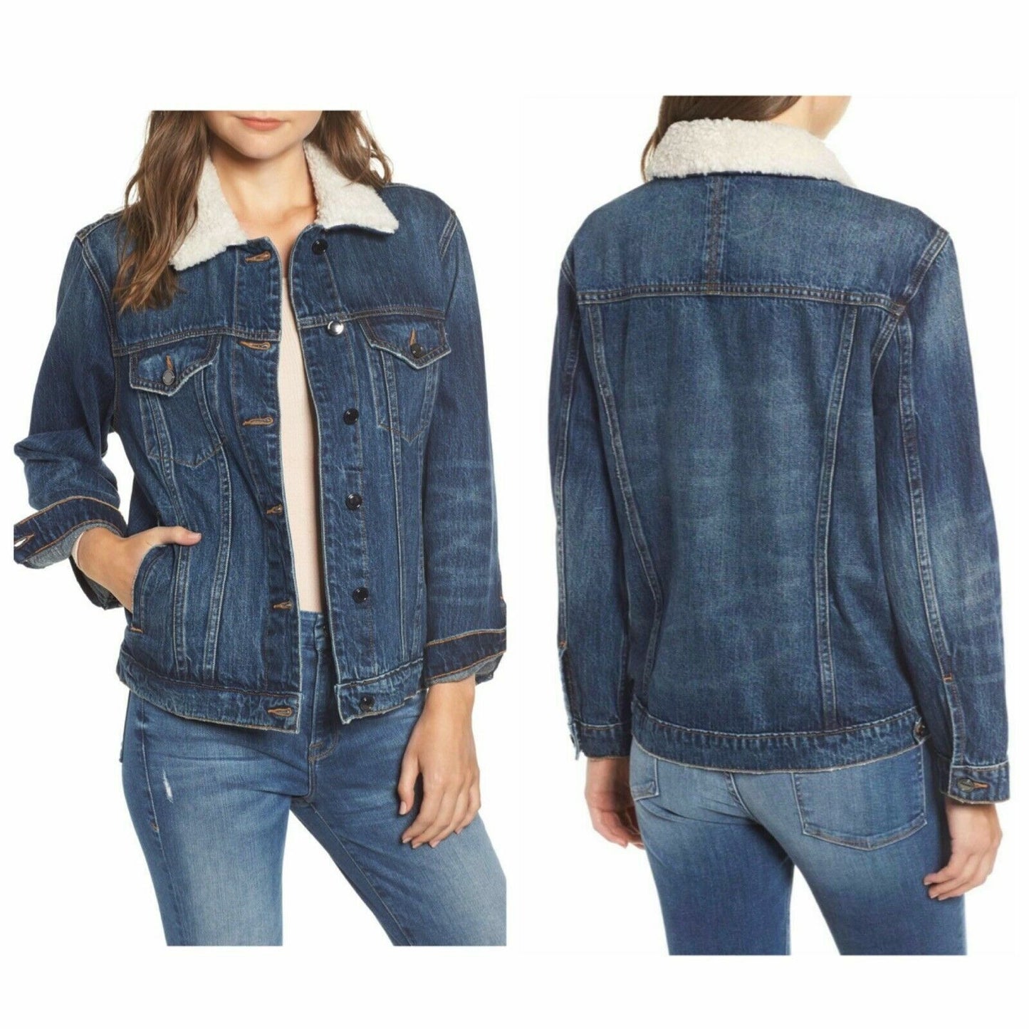 Good American Jacket Size 0/0 Small Denim Sherpa Collar Boyfriend Jacket Womens