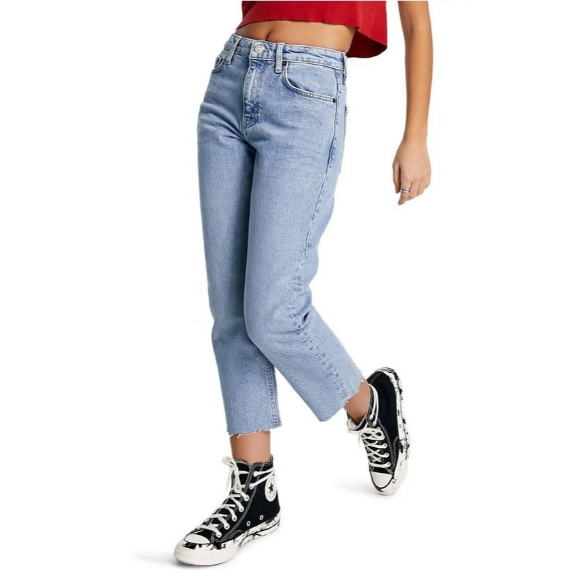 New Topshop Raw Hem Crop Straight Leg Jeans Women's 26 x 32 Blue Denim