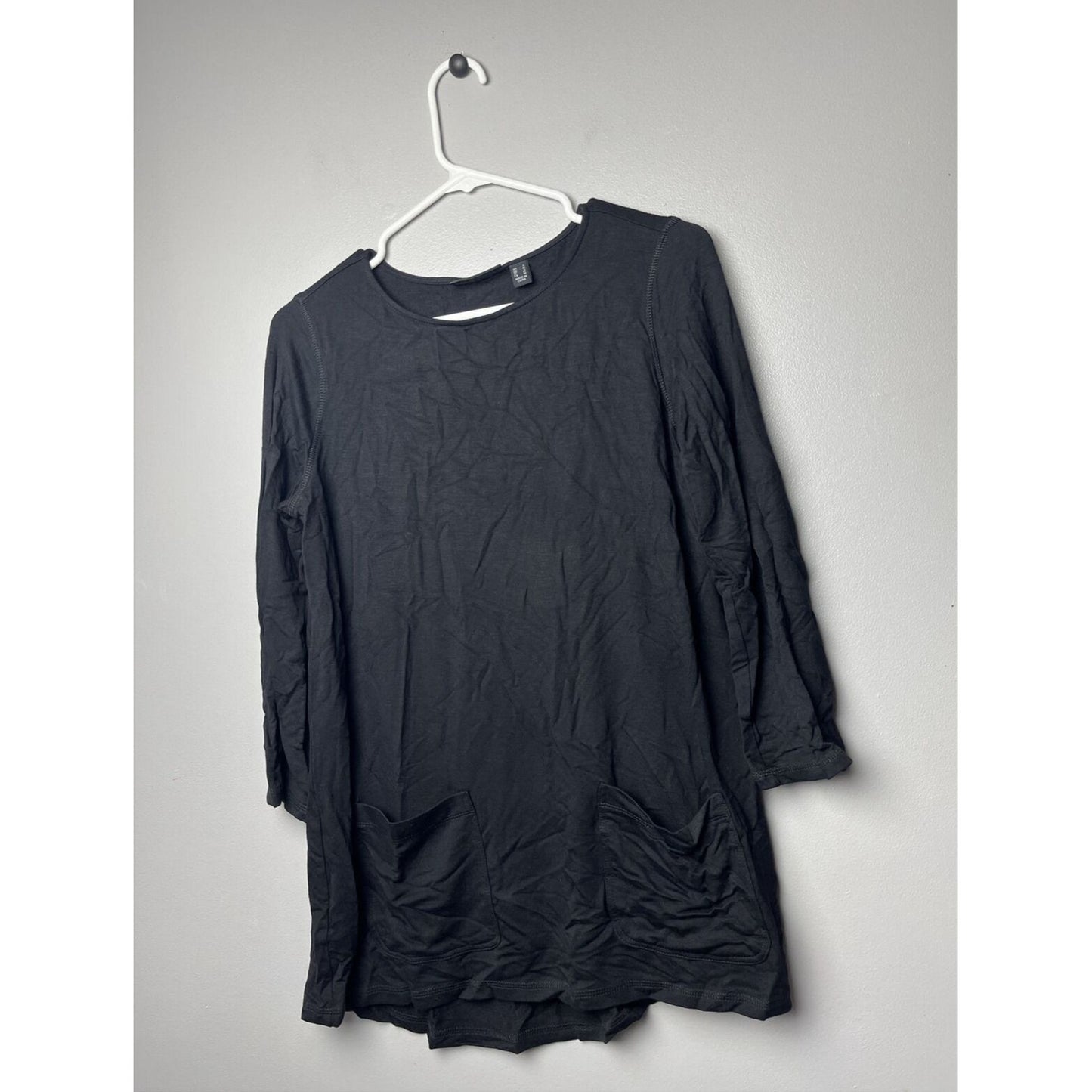 Susan Graver Weekend Cozy Jersey Knit Hi-Lo Hem Top Pockets Women's Sz S Black