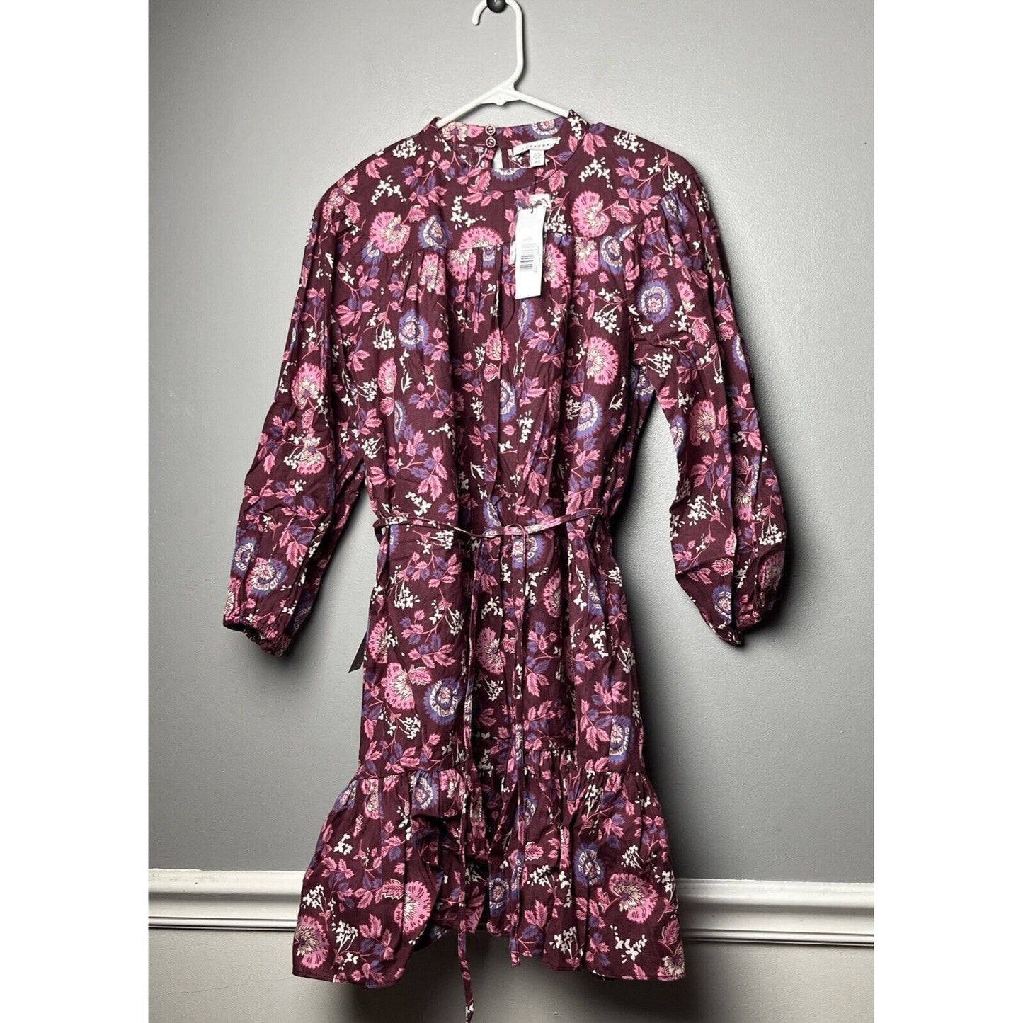 Topshop Long Sleeve Woven Floral Mini Dress in Paisley Cotton/linen Size 8 NWT