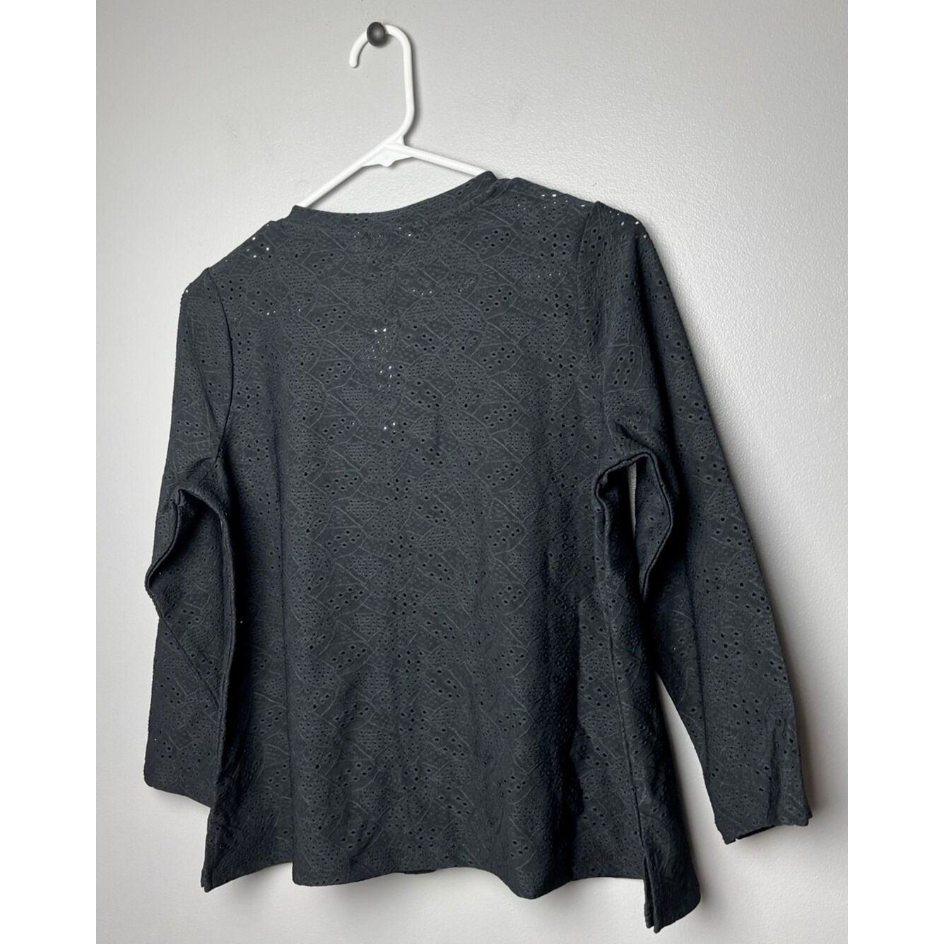 LOGO by Lori Goldstein Stretch Eyelet Button Front Cardigan Black, Small