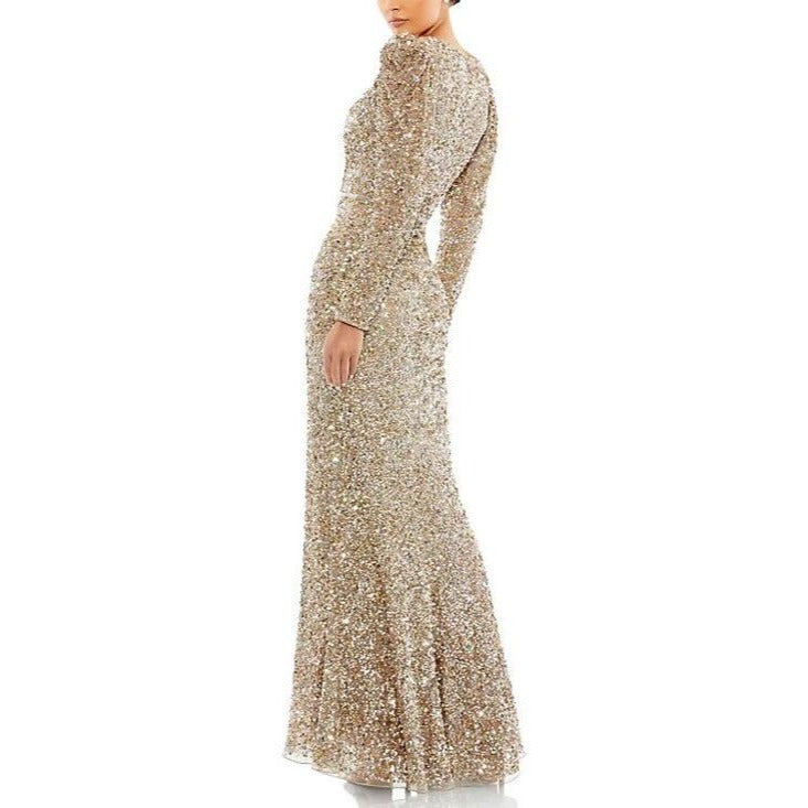 NEW NWT Mac Duggal Puff Shoulder Sequined Surplice Gown Shimmering Gold SIZE 18