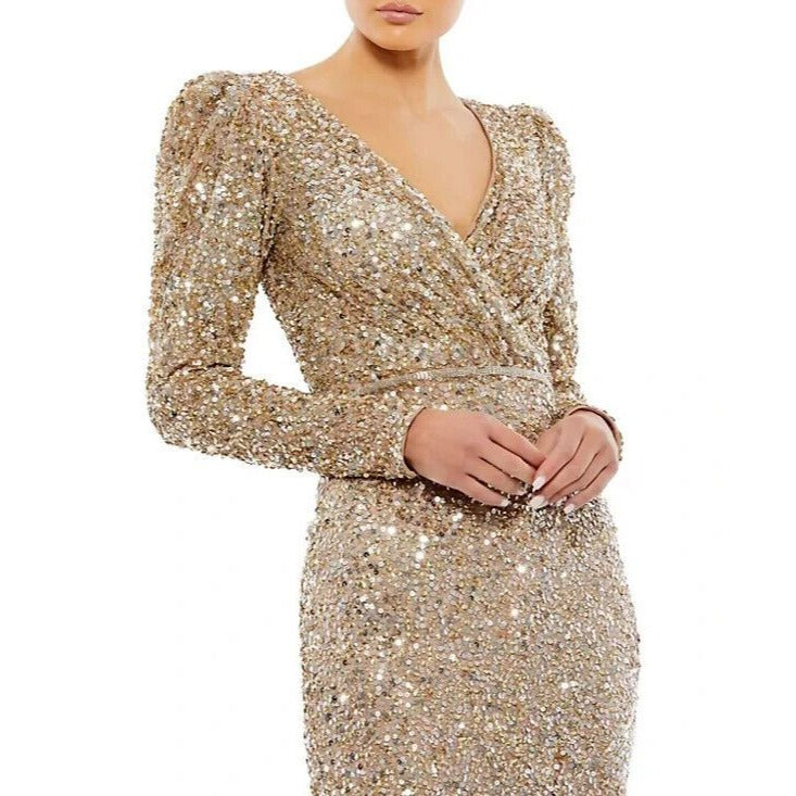 NEW NWT Mac Duggal Puff Shoulder Sequined Surplice Gown Shimmering Gold SIZE 18