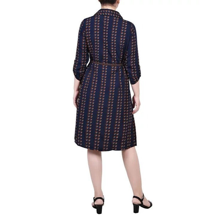 Ny Collection Women's 1X Size 3/4 Roll Tab Sleeve Shirtdress, Navy, NWT