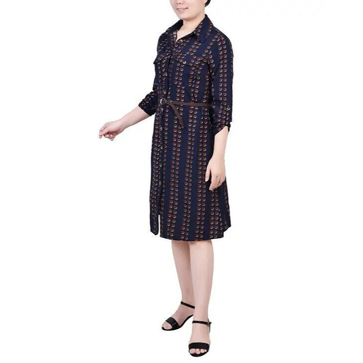 Ny Collection Women's 1X Size 3/4 Roll Tab Sleeve Shirtdress, Navy, NWT
