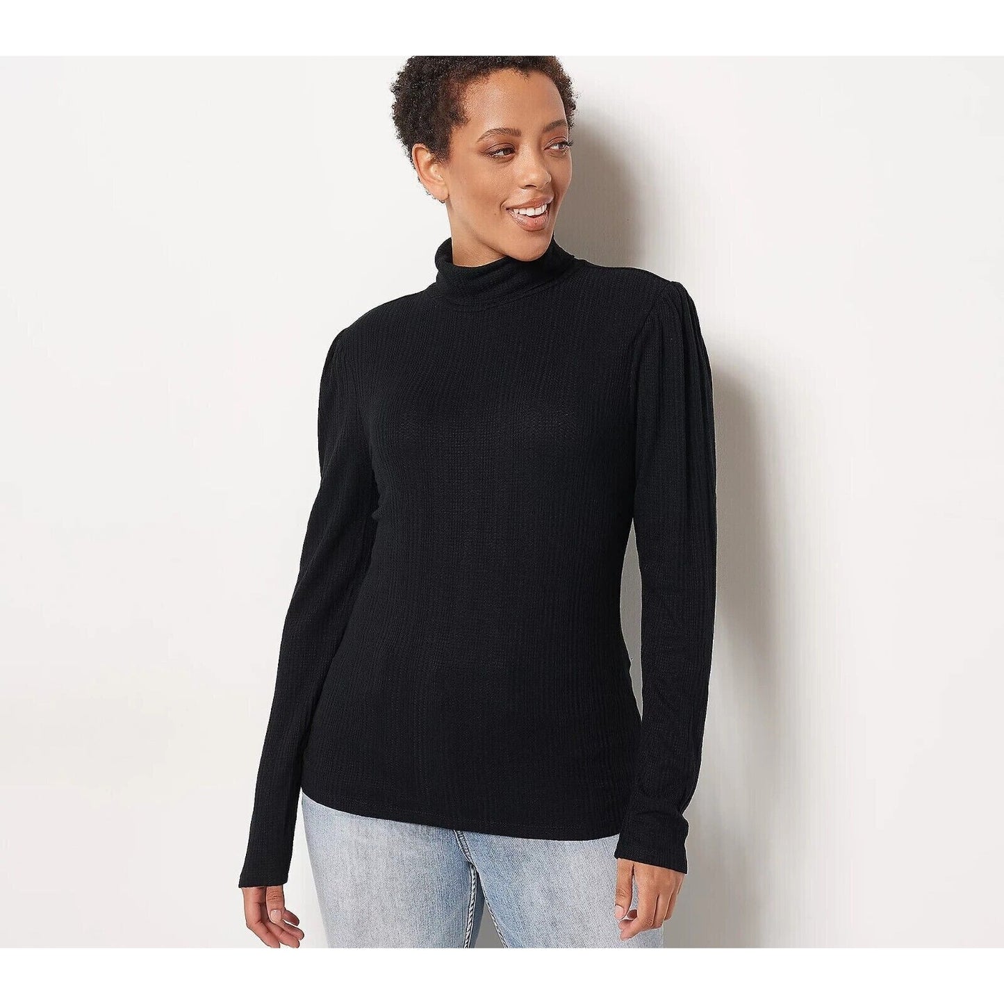 Candace Cameron Bure Puff-Sleeve Turtleneck A462085 BLACK Size Medium