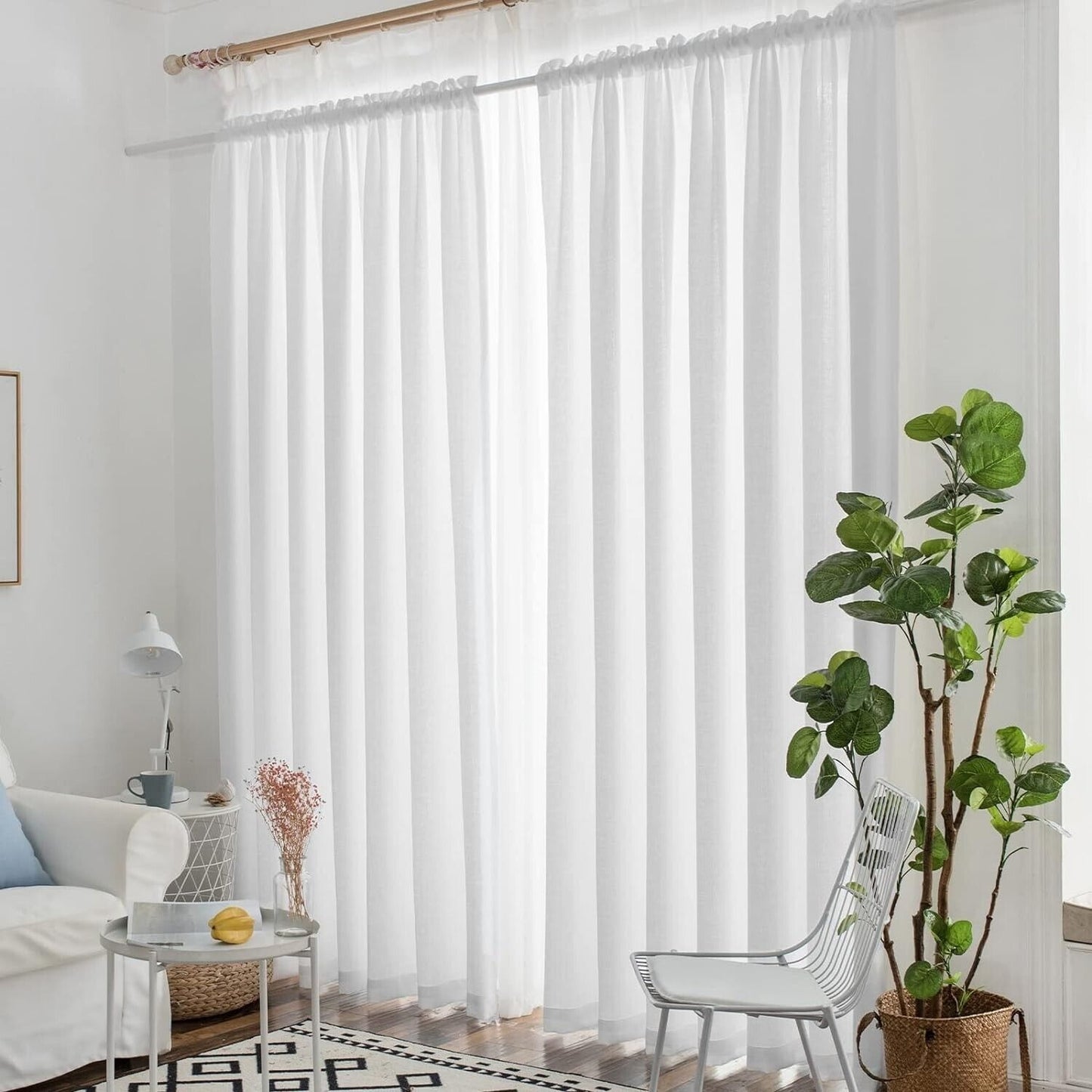 Melodieux White Semi Sheer Curtains for Living Room - Linen Look