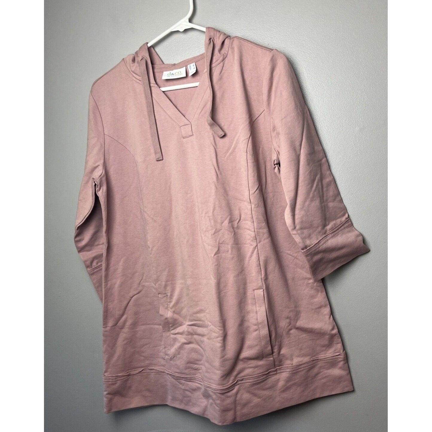 Denim& Co Active French Terry 3/4 Slv V-Neck Pullover Wood Rose S NWOT A487582