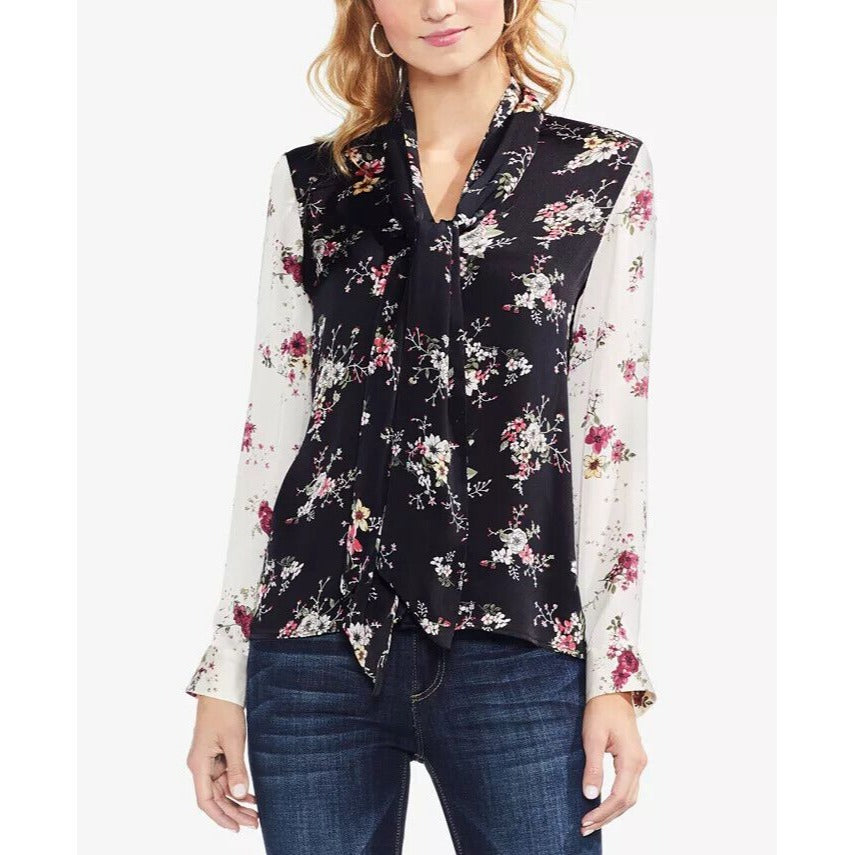 Vince Camuto Long Sleeve Melody Floral Tie Neck Blouse Black Size Small