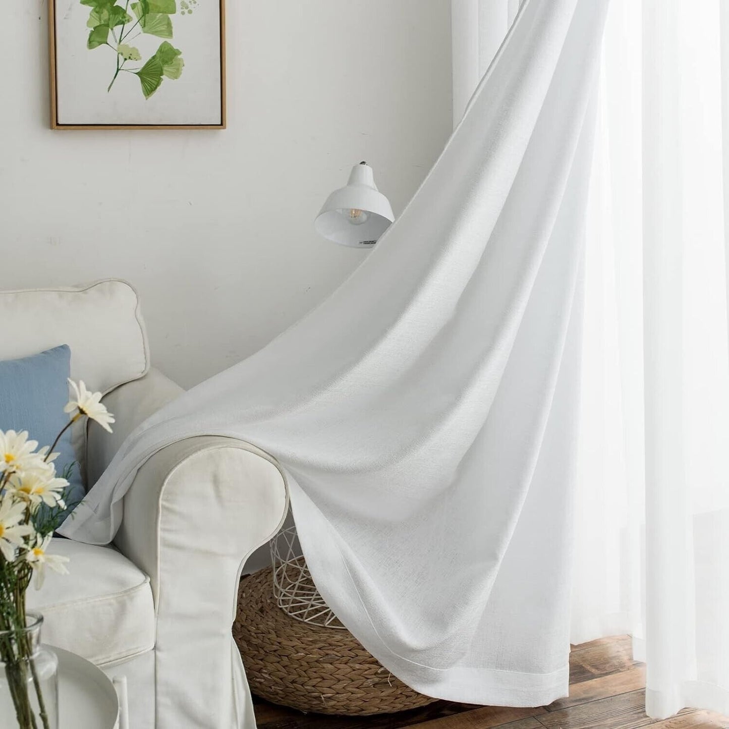 Melodieux White Semi Sheer Curtains for Living Room - Linen Look