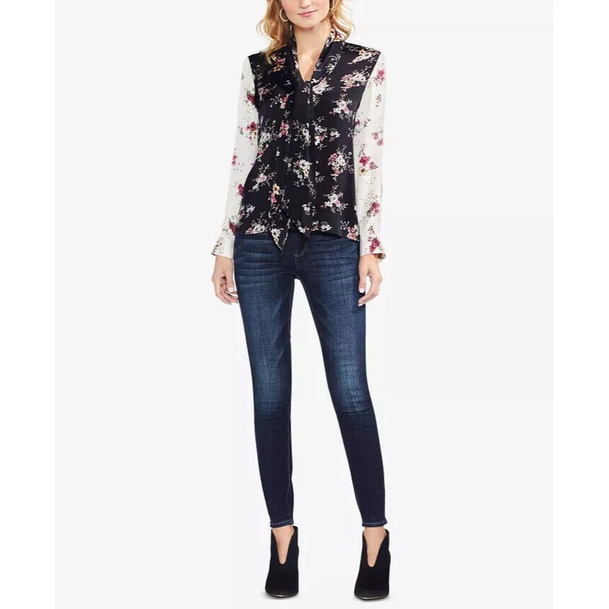 Vince Camuto Long Sleeve Melody Floral Tie Neck Blouse Black Size Small